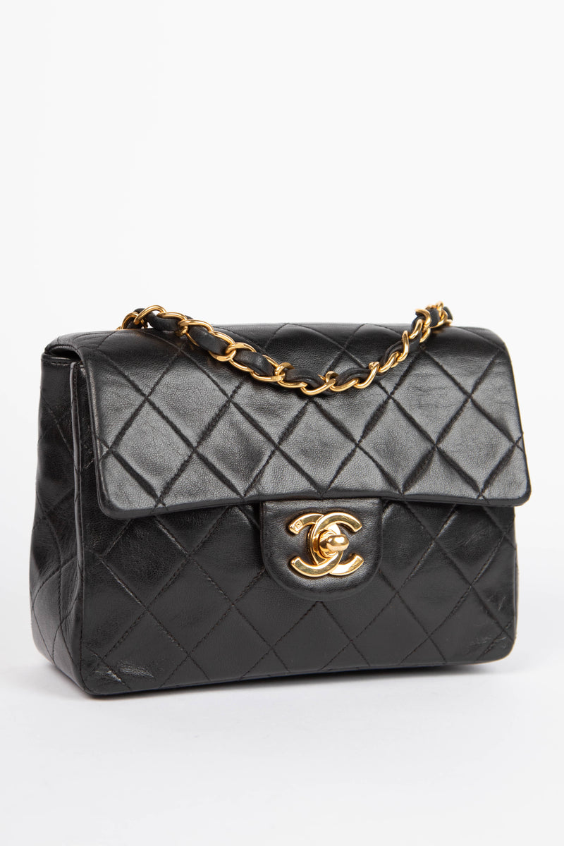 90s Chanel Black Lambskin Leather Mini Square Flap with 24k GHW