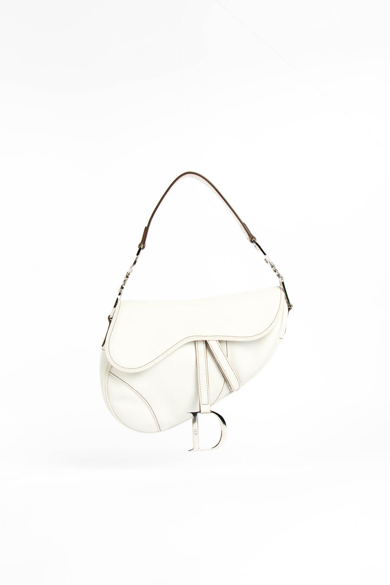 RARE Christian Dior White Leather Saddle Shoulder Bag