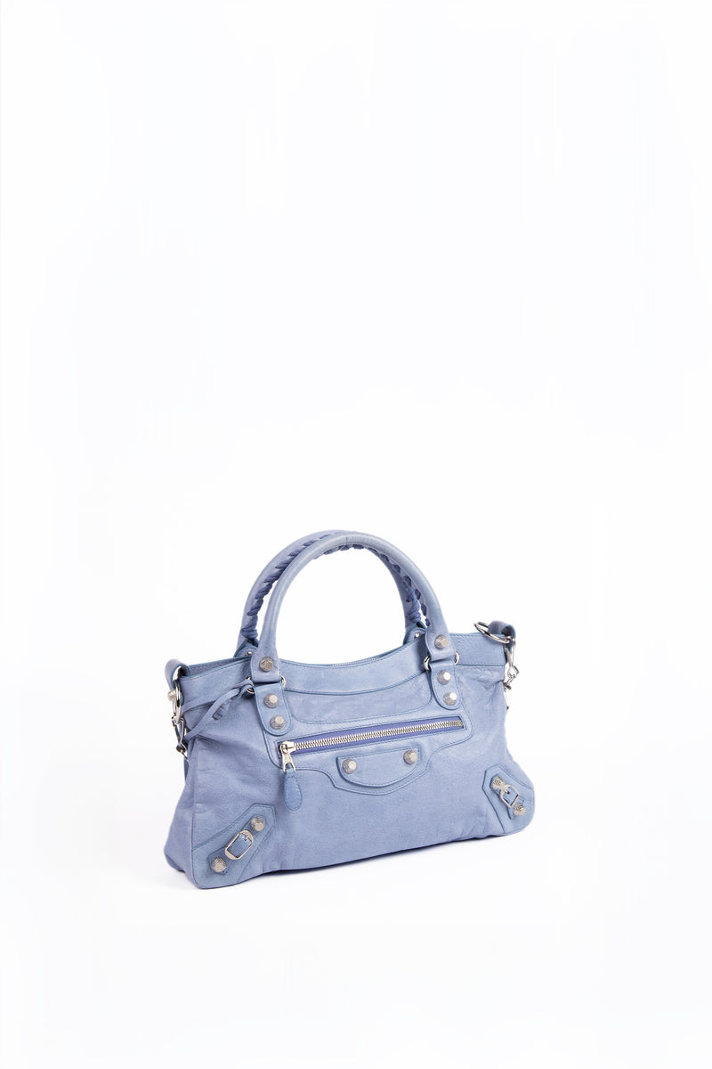 2000s Balenciaga Pale Blue Leather First City Shoulder Bag SHW Break