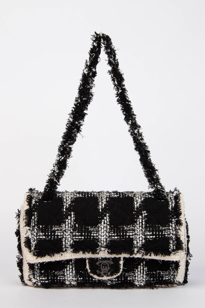 2020 Chanel Black and White Tweed Medium Double Flap Shoulder Bag