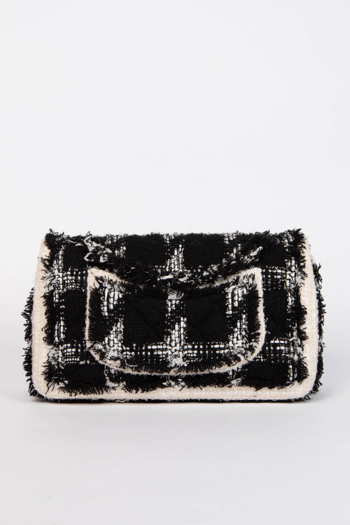2020 Chanel Black and White Tweed Medium Double Flap Shoulder Bag
