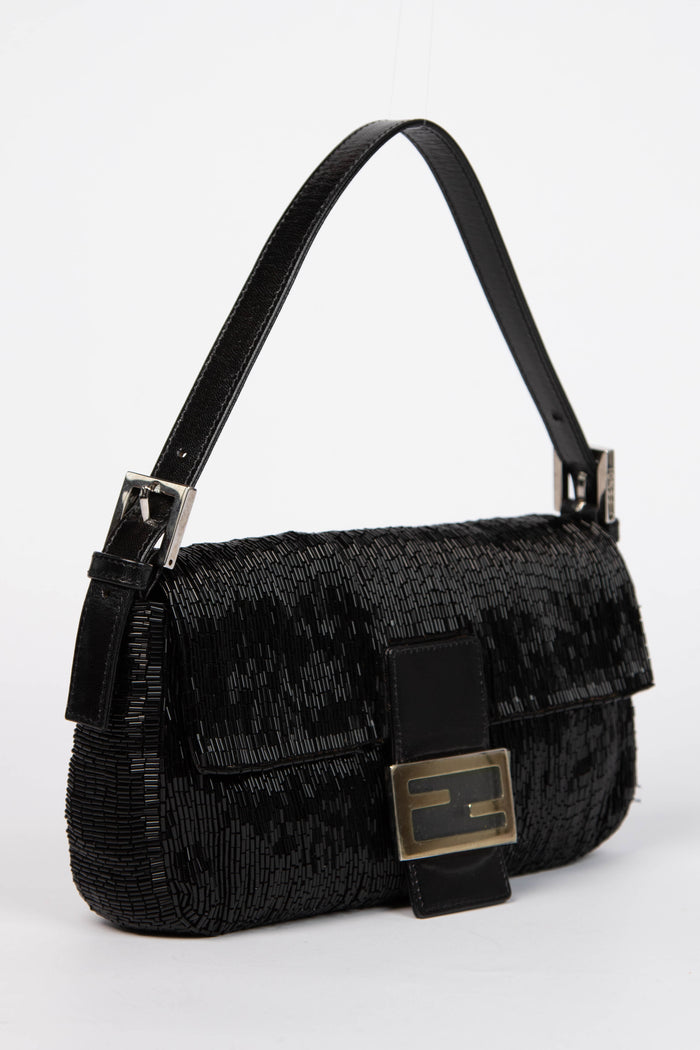 RARE Vintage Fendi Black Beaded Baguette Shoulder Bag