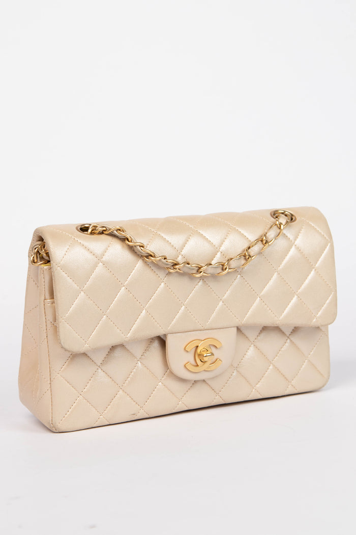 2000s Chanel Pearlescent Leather Small Double Flap Shoulder Bag