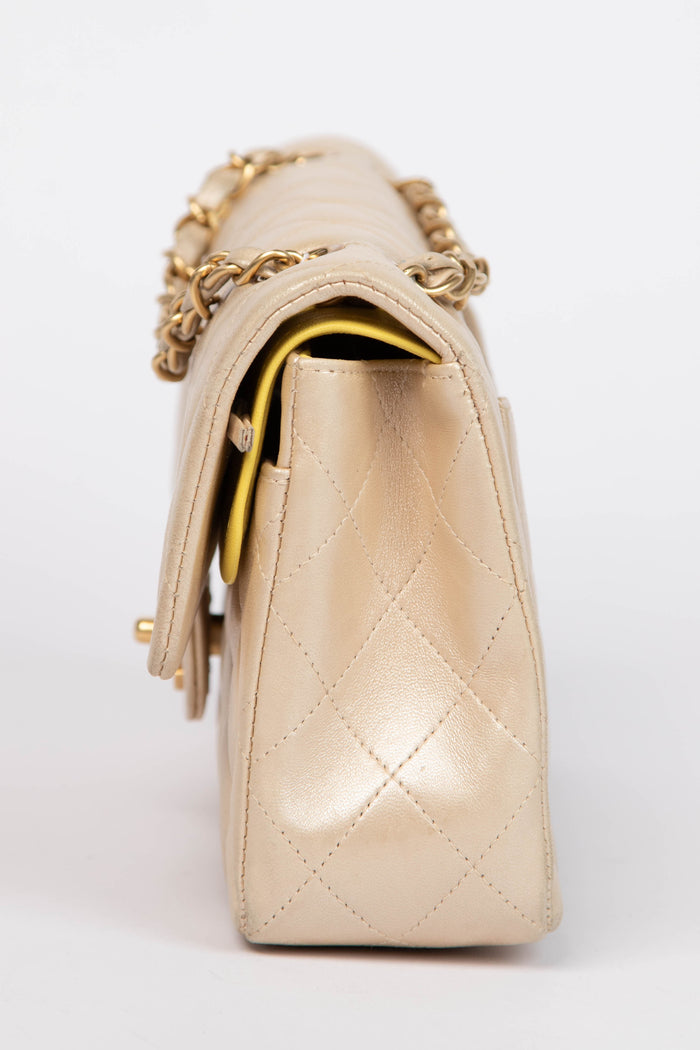 2000s Chanel Pearlescent Leather Small Double Flap Shoulder Bag