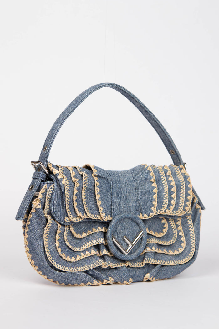 Vintage Fendi Denim Embroidered Shoulder Bag