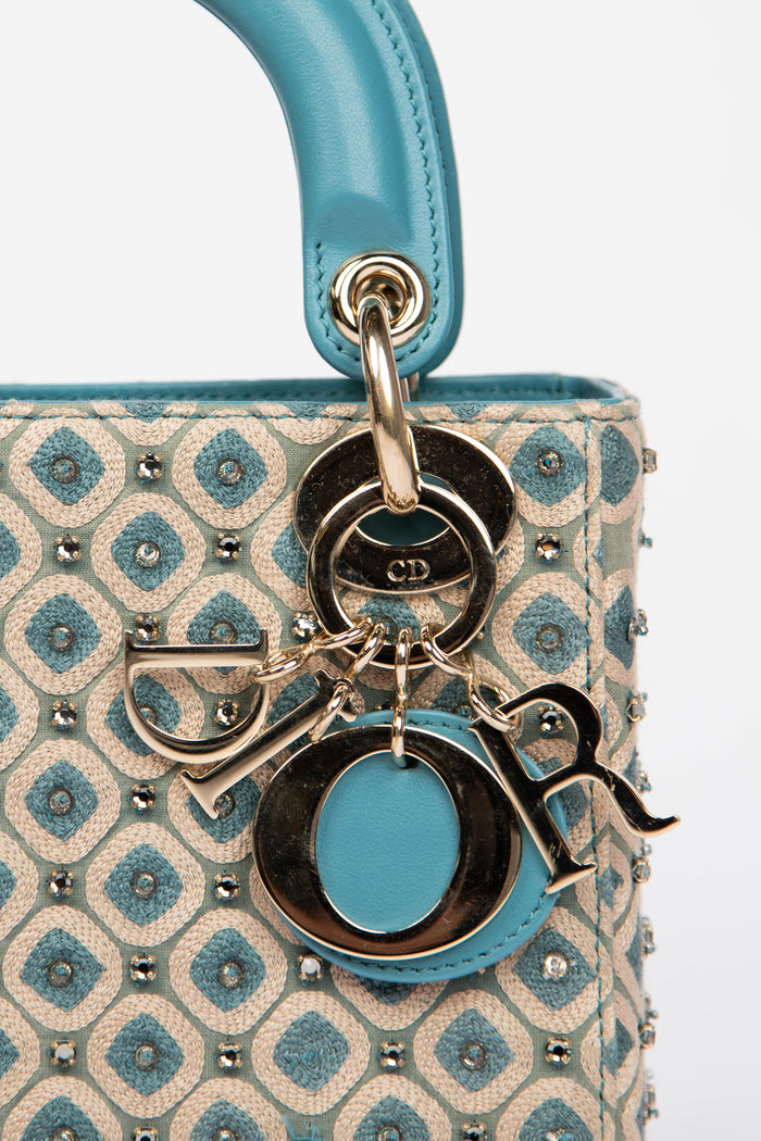 RARE Christian Dior Blue Embroidered Mini Lady Dior