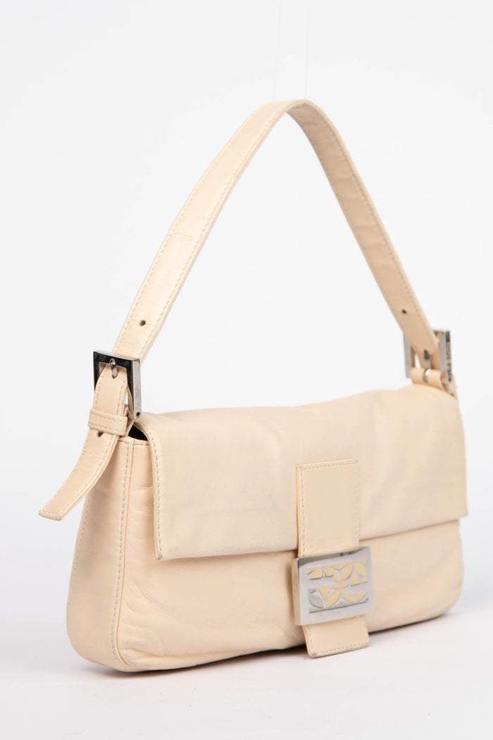 Vintage Fendi Beige Lambskin Leather Baguette Shoulder Bag