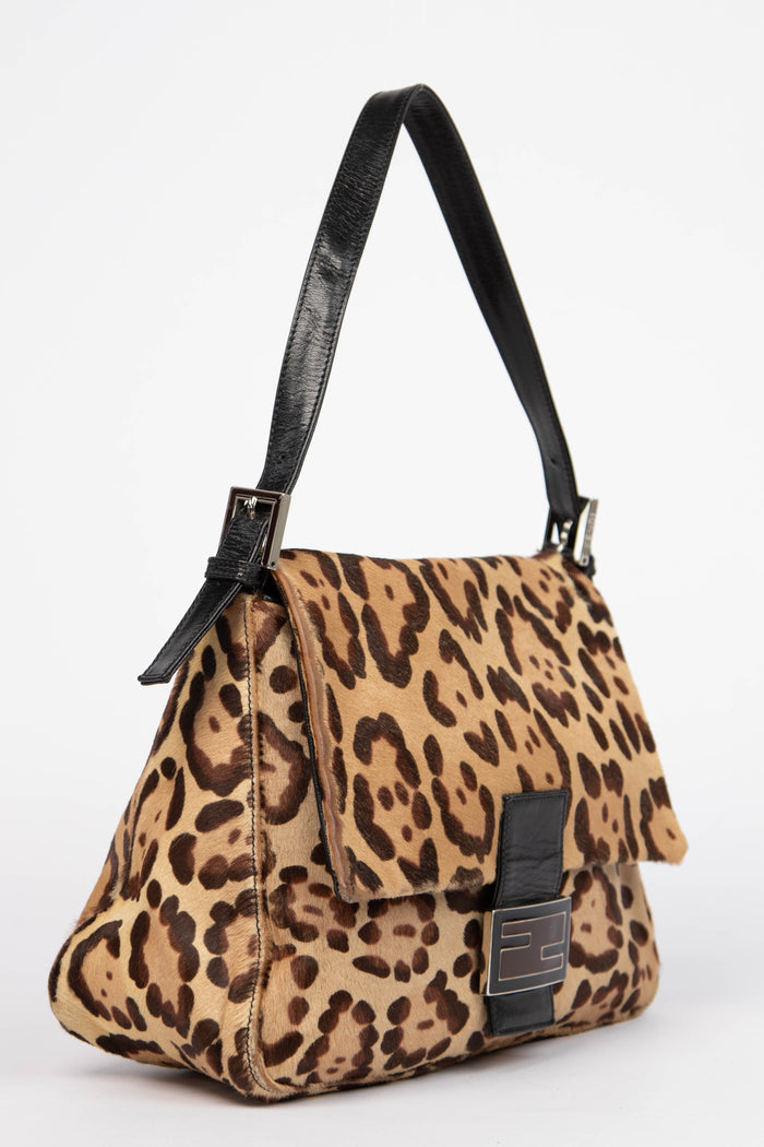 Vintage Fendi Leopard Pony Hair Mama Baguette Shoulder Bag