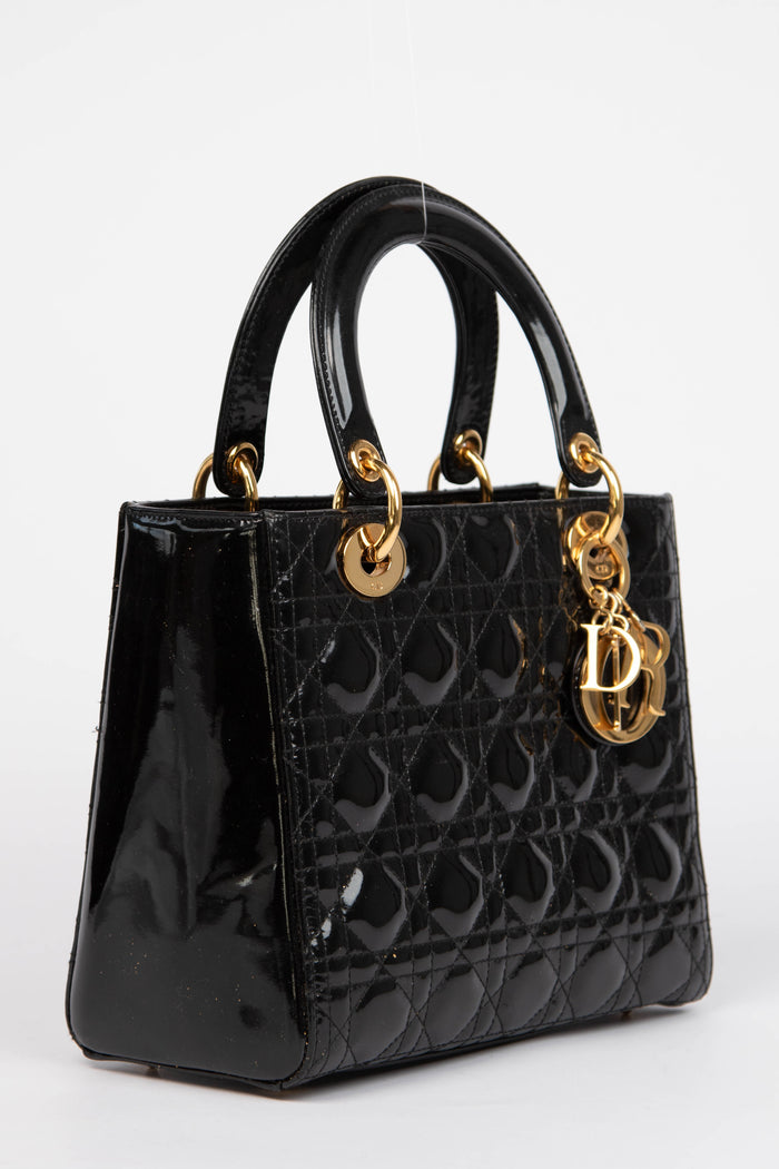 2010s Christian Dior Black Patent Leather Medium Lady Dior