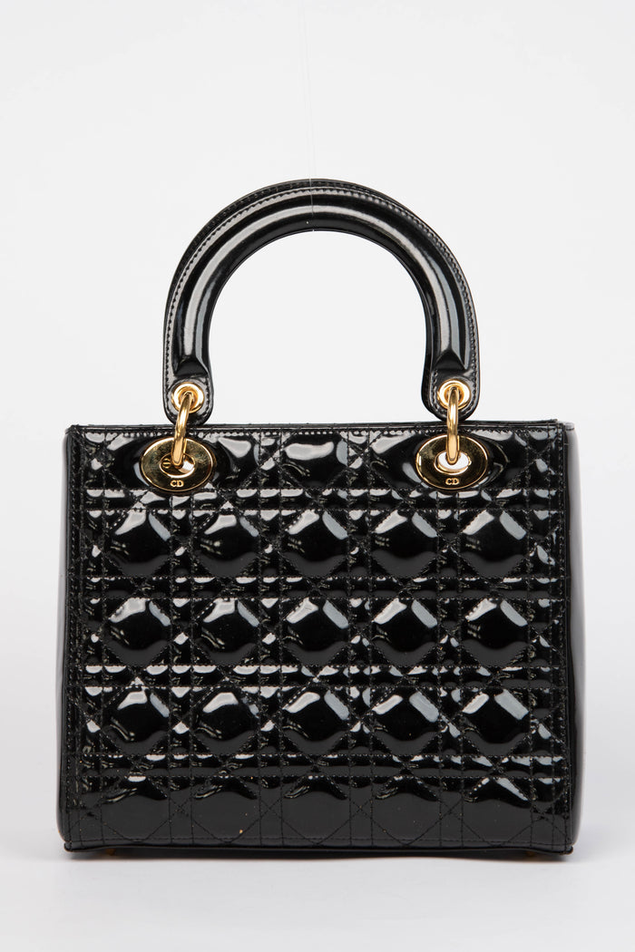 2010s Christian Dior Black Patent Leather Medium Lady Dior