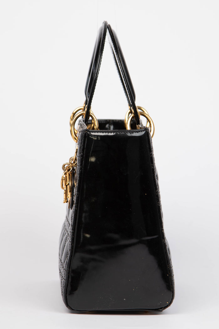 2010s Christian Dior Black Patent Leather Medium Lady Dior