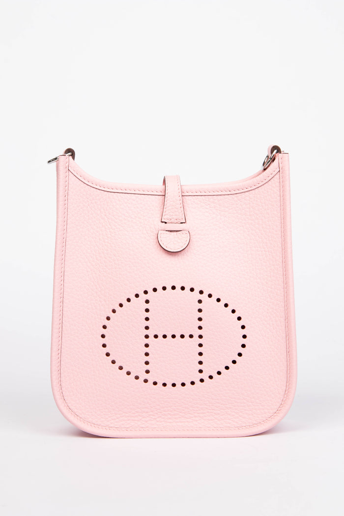 2025 Hermès Rose Sakura Clemence Leather Mini Evelyne with SHW