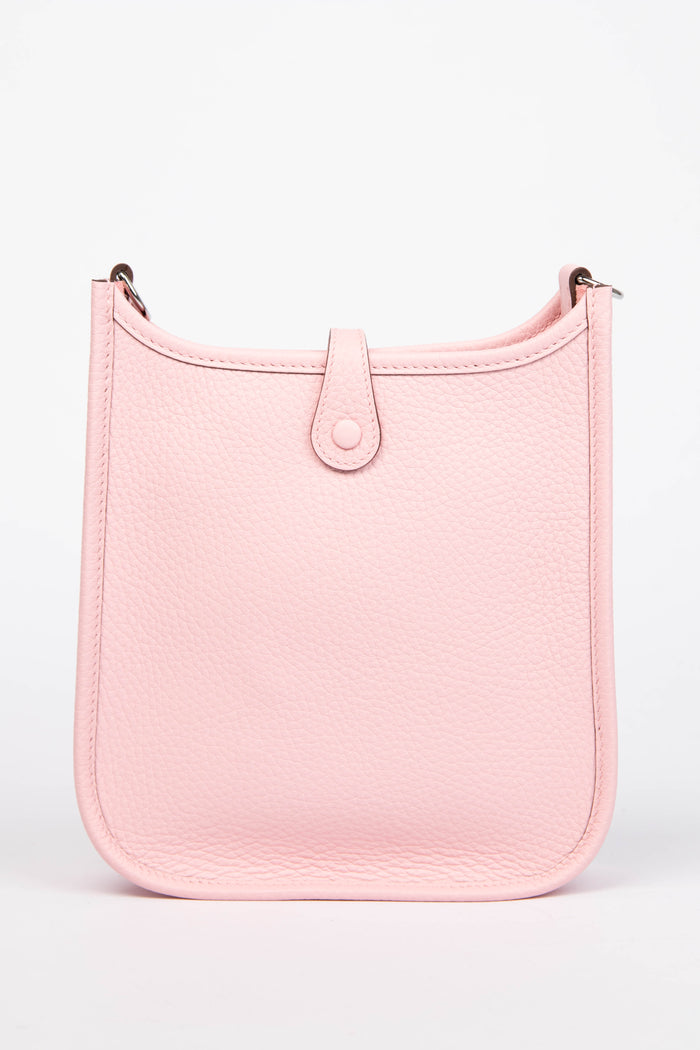 2025 Hermès Rose Sakura Clemence Leather Mini Evelyne with SHW