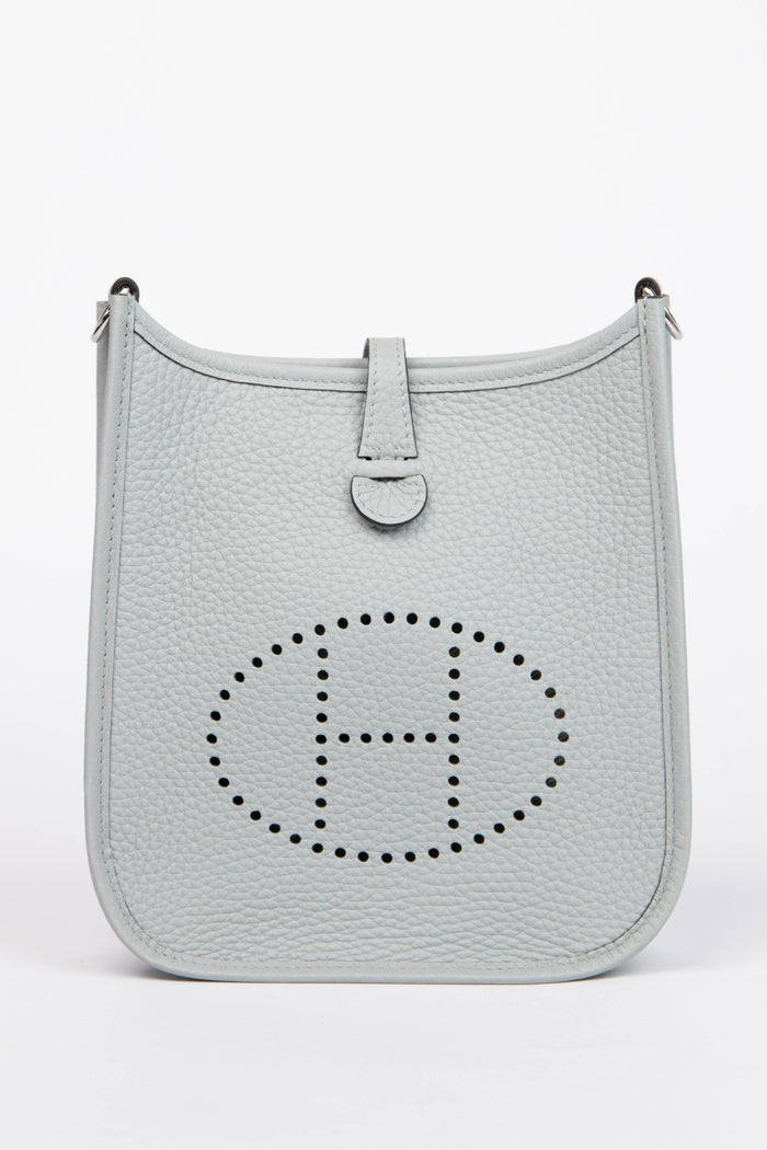 2024 Hermès Blue Glacier Clemence Leather Mini Evelyne with SHW