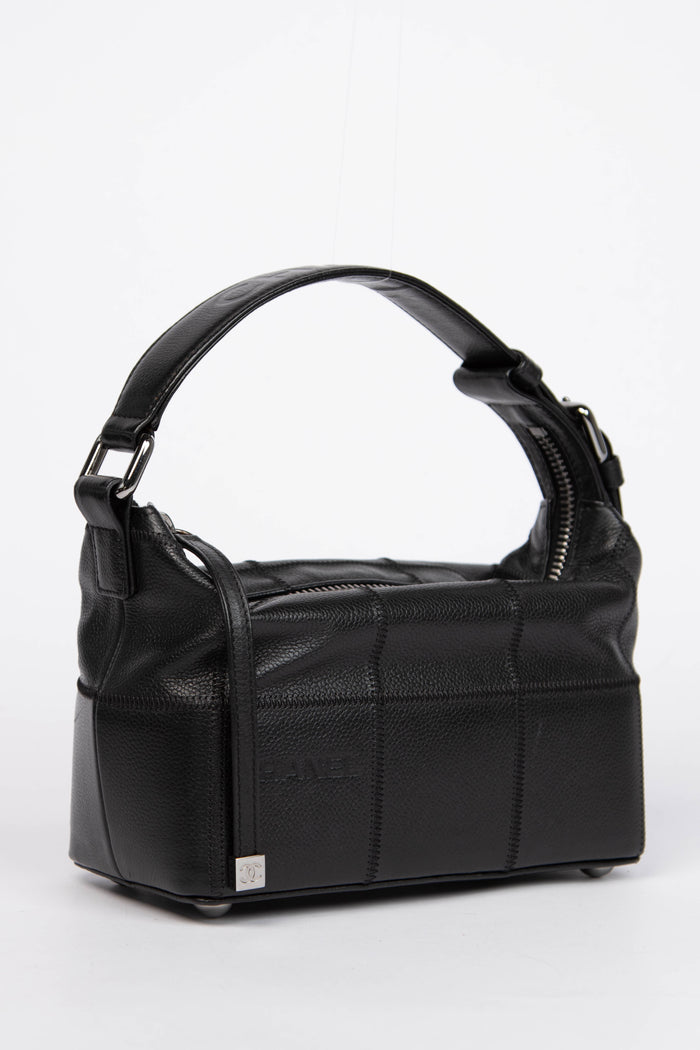 2000s Chanel Black Caviar Leather Chocolate Bar Top Handle Bag