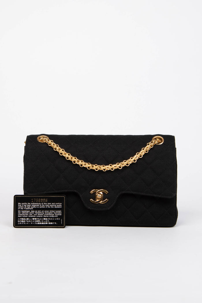 80s Chanel Black Jersey Medium Double Flap Shoulder Bag 24k GHW