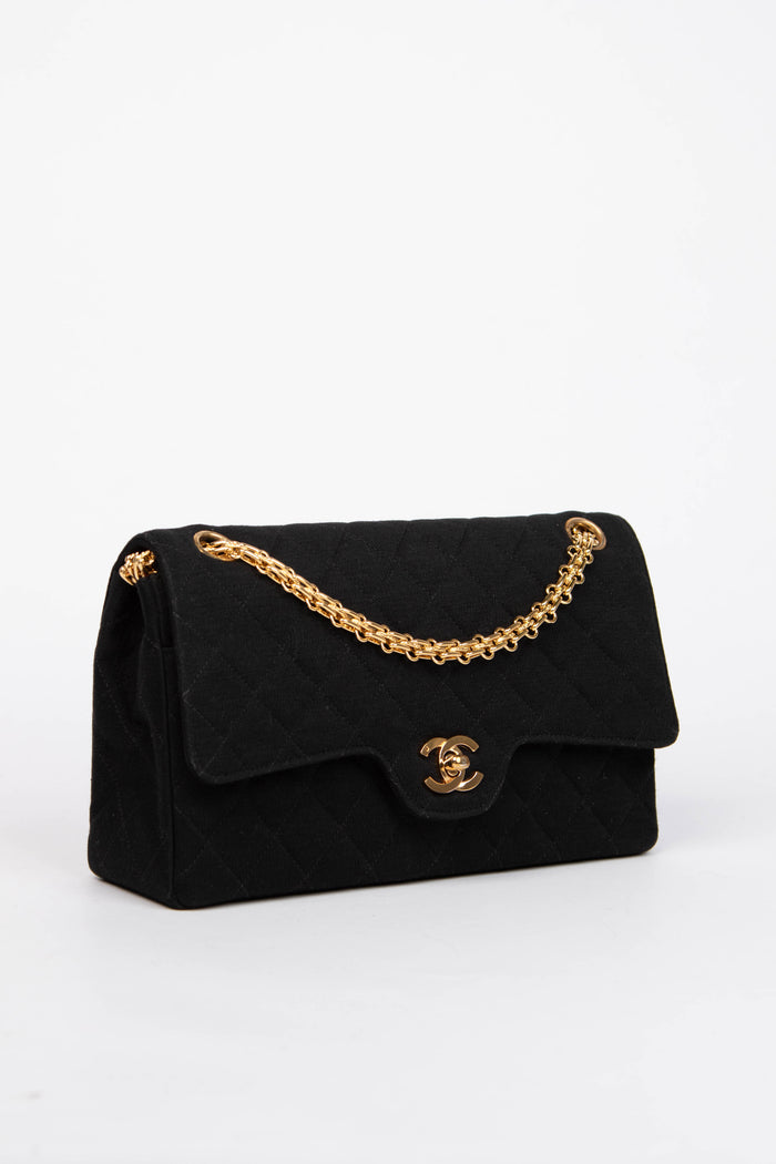 80s Chanel Black Jersey Medium Double Flap Shoulder Bag 24k GHW