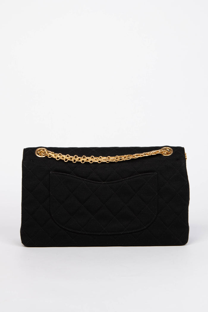 80s Chanel Black Jersey Medium Double Flap Shoulder Bag 24k GHW
