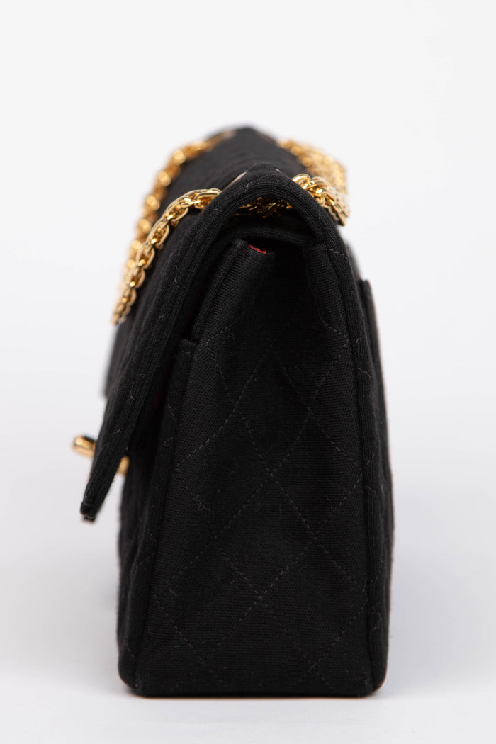 80s Chanel Black Jersey Medium Double Flap Shoulder Bag 24k GHW