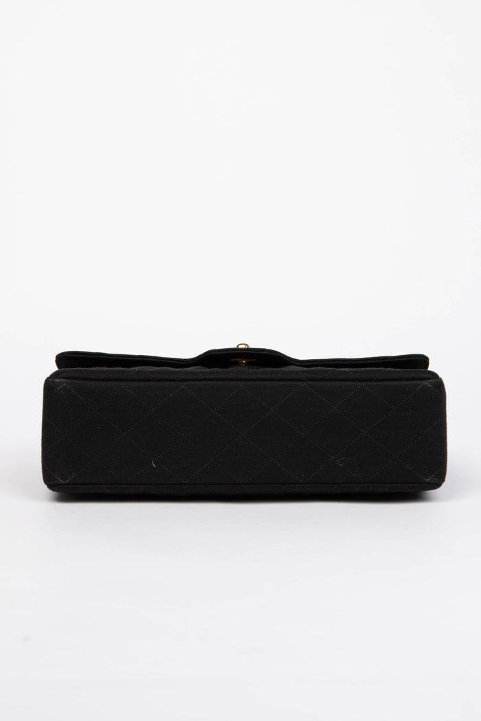 80s Chanel Black Jersey Medium Double Flap Shoulder Bag 24k GHW