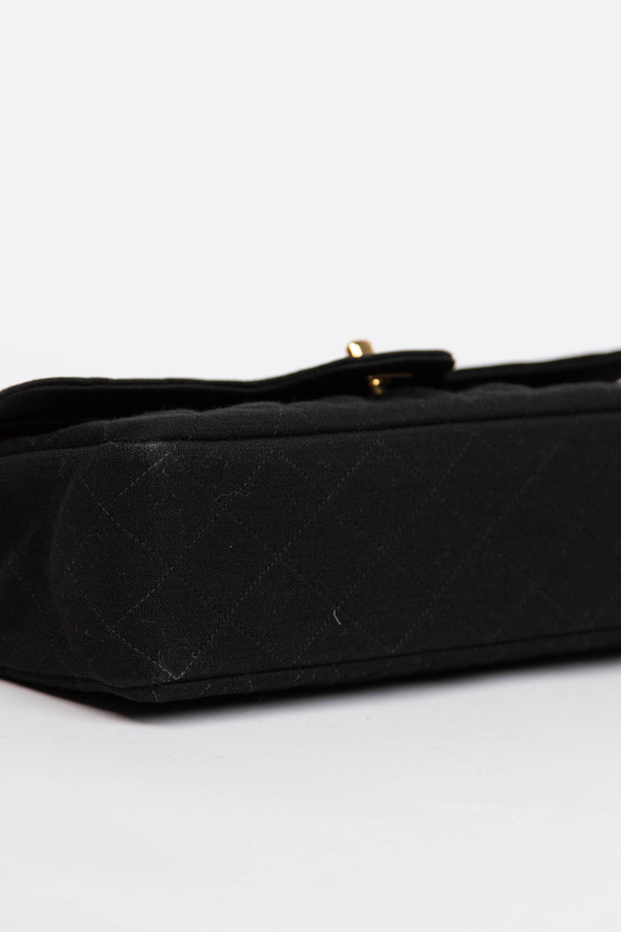80s Chanel Black Jersey Medium Double Flap Shoulder Bag 24k GHW