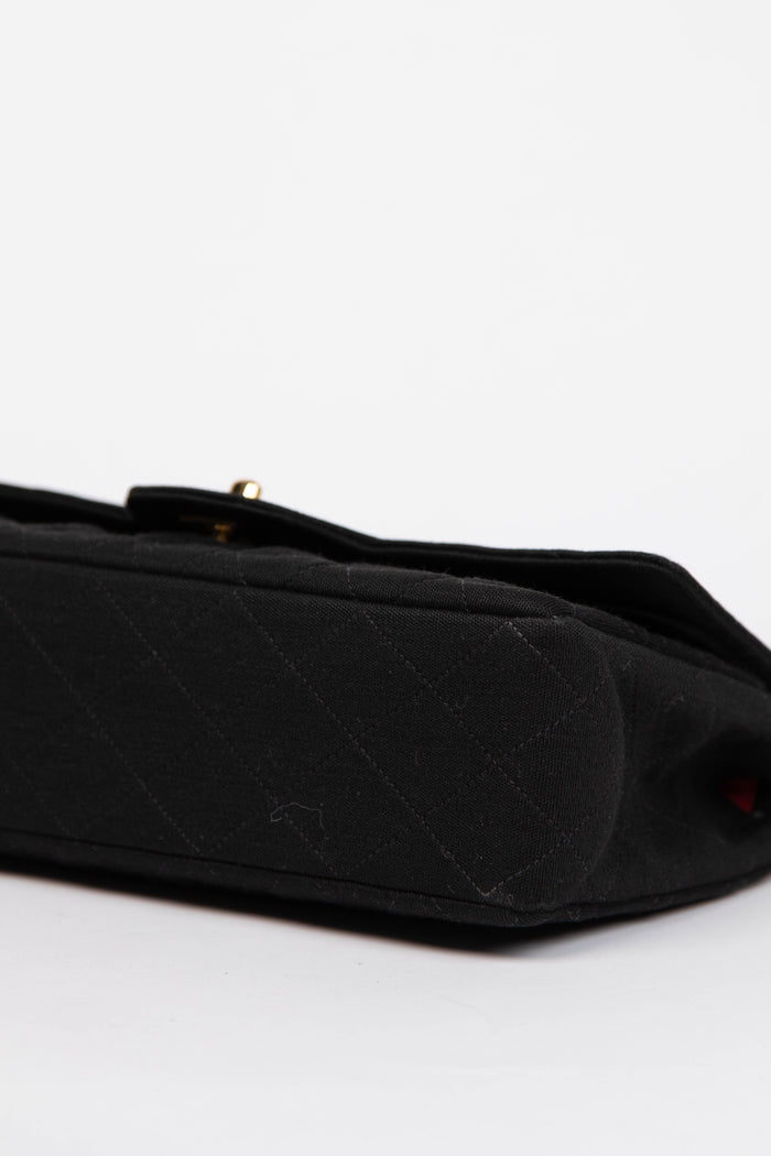 80s Chanel Black Jersey Medium Double Flap Shoulder Bag 24k GHW