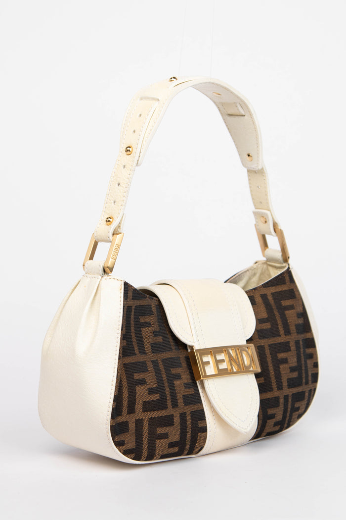 Fendi Zucca Monogram and Leather Baguette Shoulder Bag