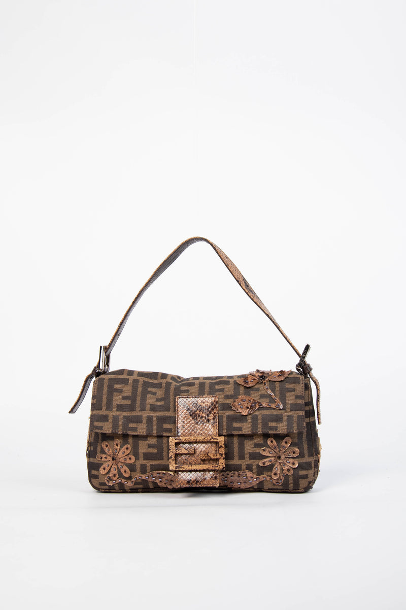 RARE Vintage Fendi Zucca Beaded Snakeskin Baguette Shoulder Bag