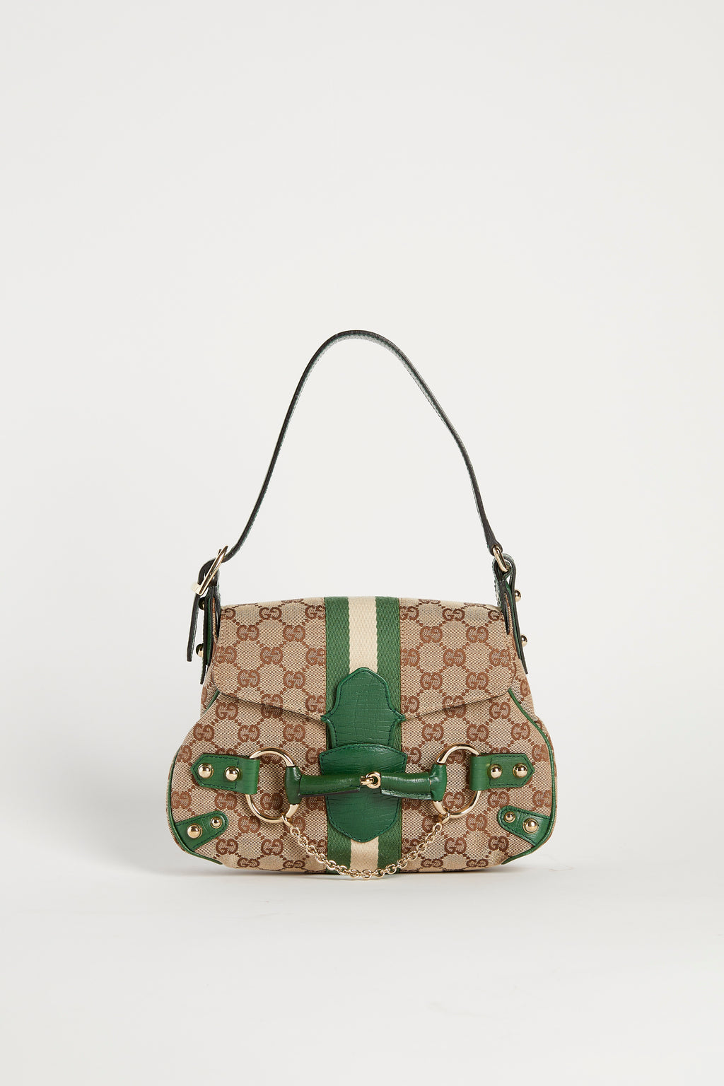 Vintage Gucci Classic GG Monogram Green Horsebit Shoulder Bag
