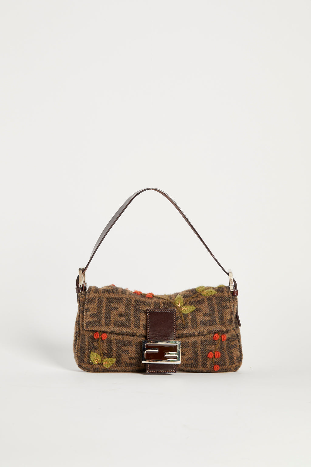 Vintage Fendi Cashmere Embroidered Baguette Shoulder Bag