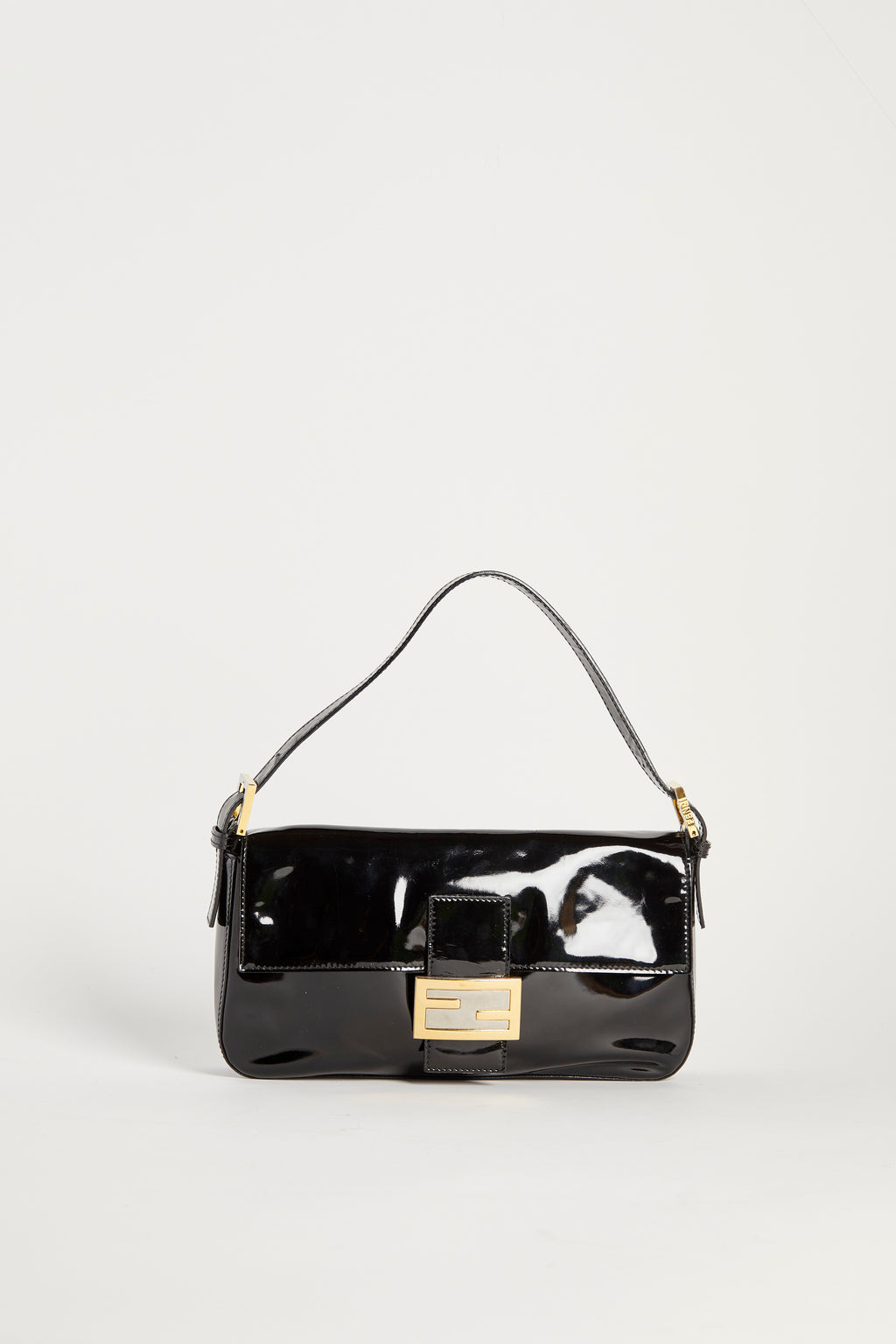 Vintage Fendi Black Patent Leather Baguette Shoulder Bag