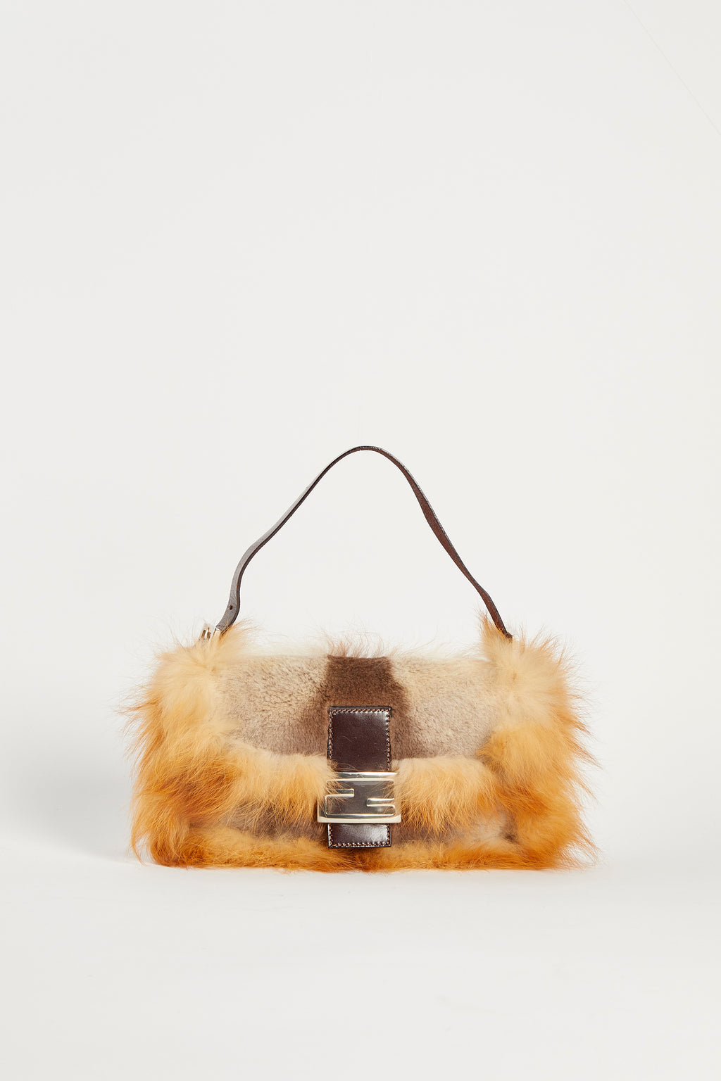 Vintage Fendi Brown Fox Fur Baguette Shoulder Bag
