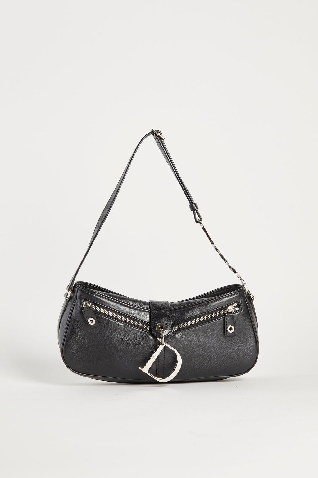 2000s Christian Dior Black Leather Spell-out Shoulder Bag