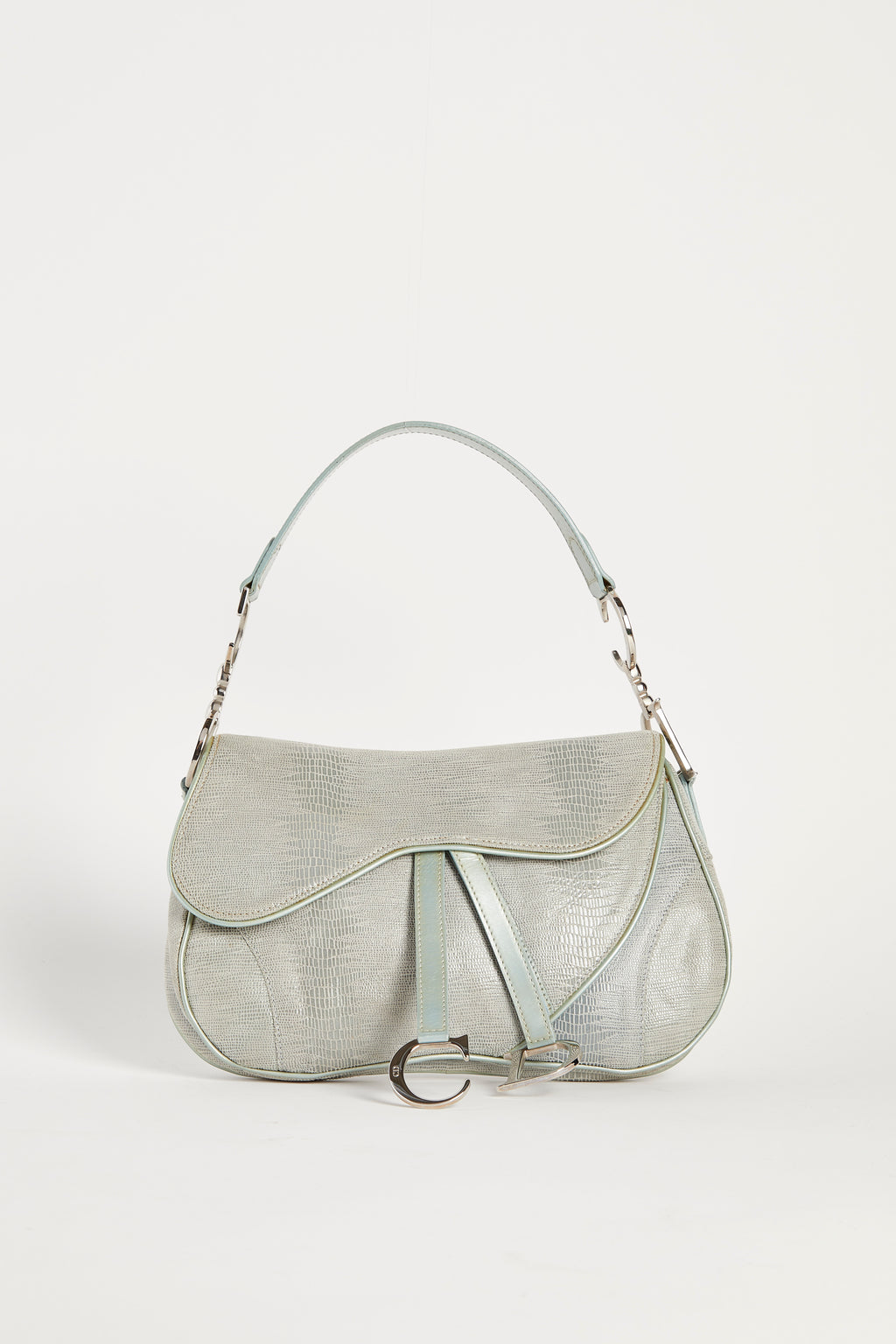 Vintage Christian Dior Green Mock Lizard Double Saddle Shoulder Bag