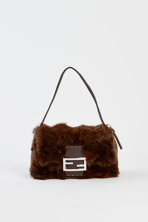 RARE Fendi Brown Fur Mamma Baguette Shoulder Bag