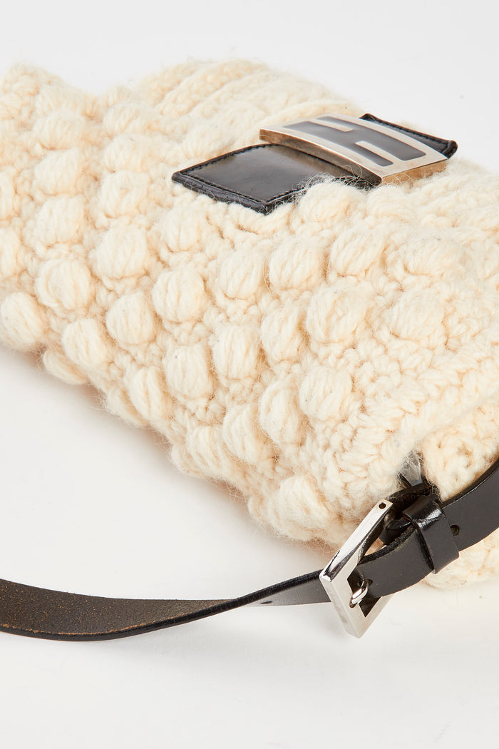 Vintage Fendi White Knitted Baguette Shoulder Bag