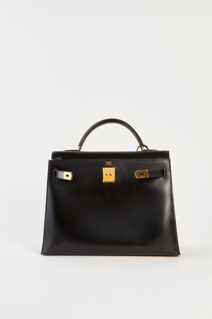 Vintage Hermès Kelly 32cm Black Box Calf Handbag GHW