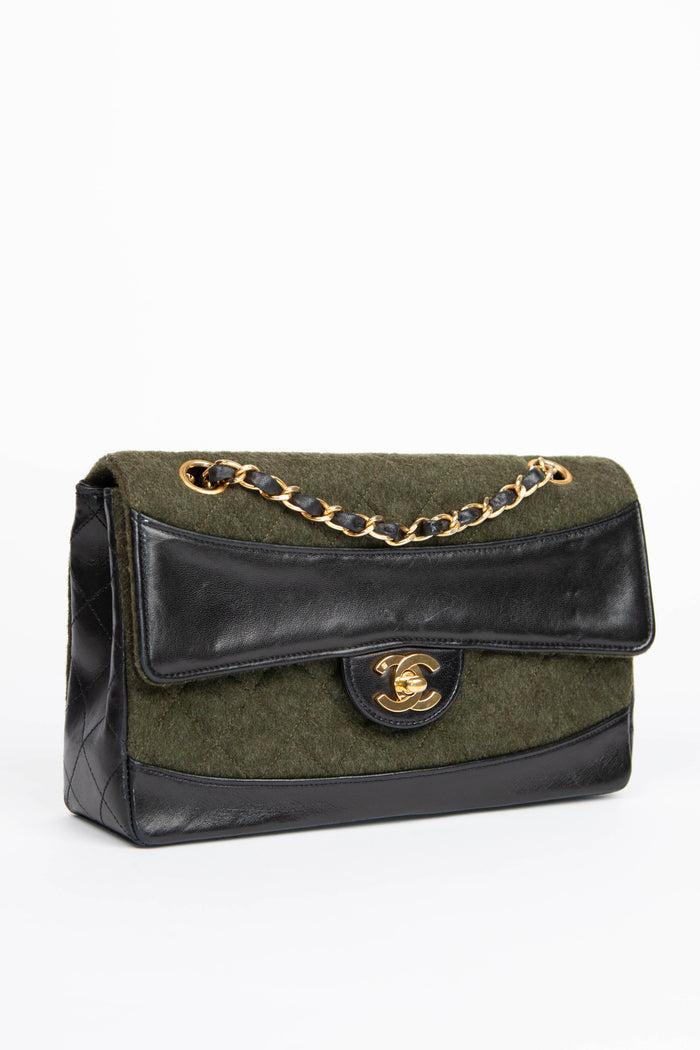 Vintage Chanel Green Wool and Black Lambskin Single Flap Bag with 24K GHW