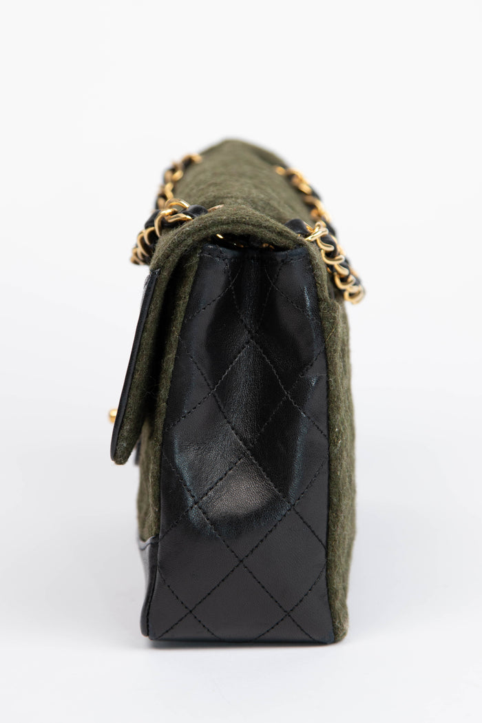 Vintage Chanel Green Wool and Black Lambskin Single Flap Bag with 24K GHW