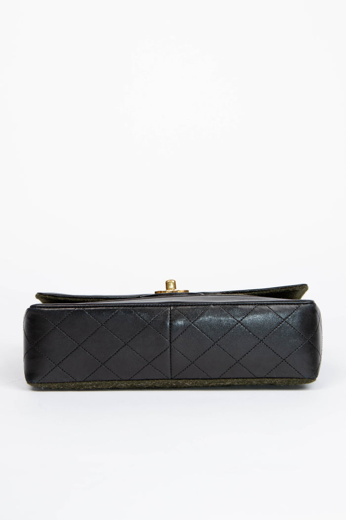 Vintage Chanel Green Wool and Black Lambskin Single Flap Bag with 24K GHW
