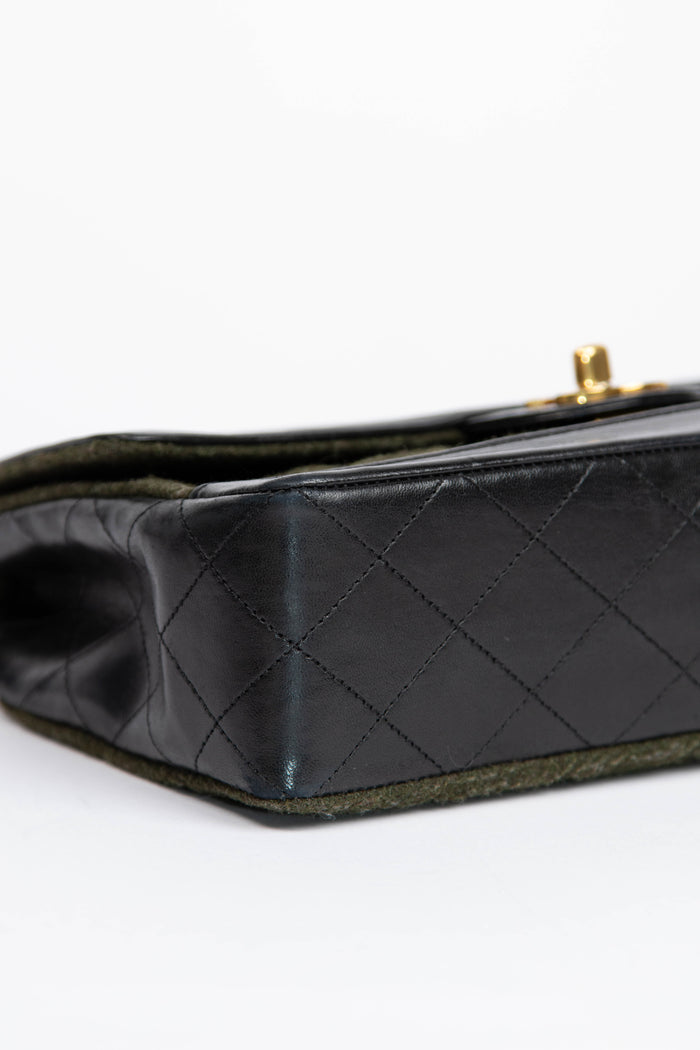 Vintage Chanel Green Wool and Black Lambskin Single Flap Bag with 24K GHW