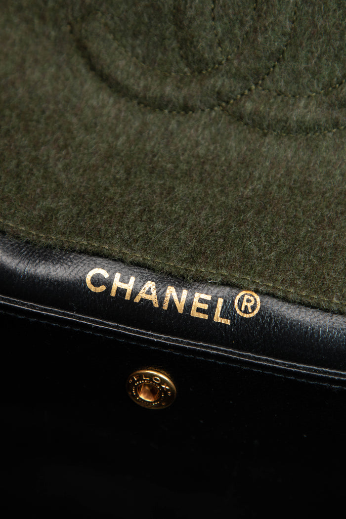 Vintage Chanel Green Wool and Black Lambskin Single Flap Bag with 24K GHW