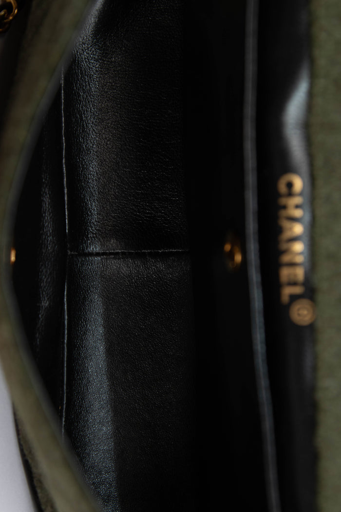 Vintage Chanel Green Wool and Black Lambskin Single Flap Bag with 24K GHW