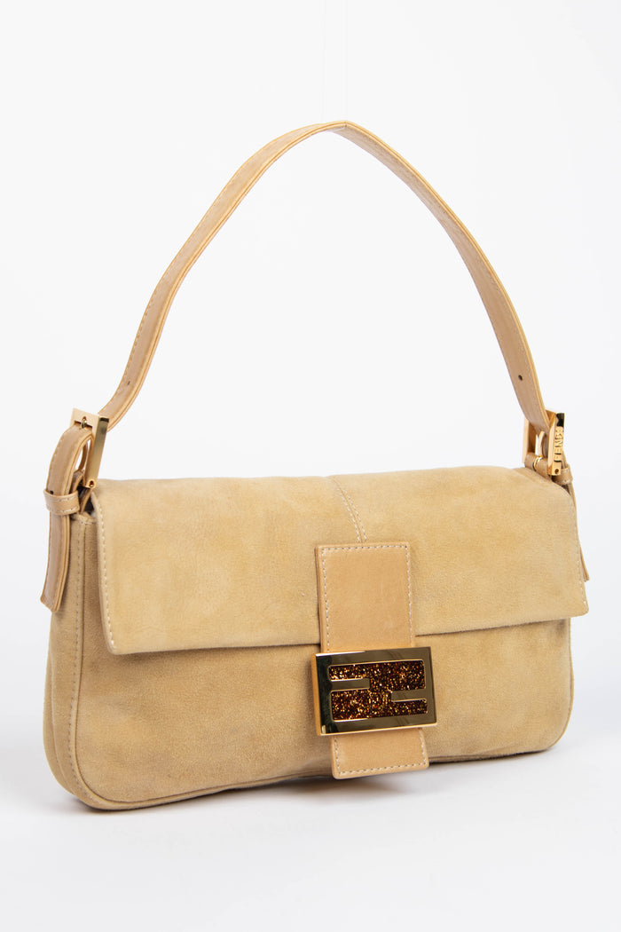 Vintage Fendi Beige Suede Baguette Shoulder Bag
