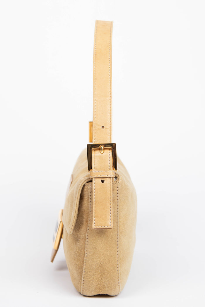 Vintage Fendi Beige Suede Baguette Shoulder Bag