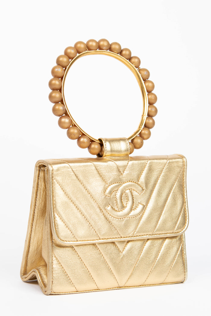 Vintage Chanel Chevron Leather Mini Pearl Top Handle Bag
