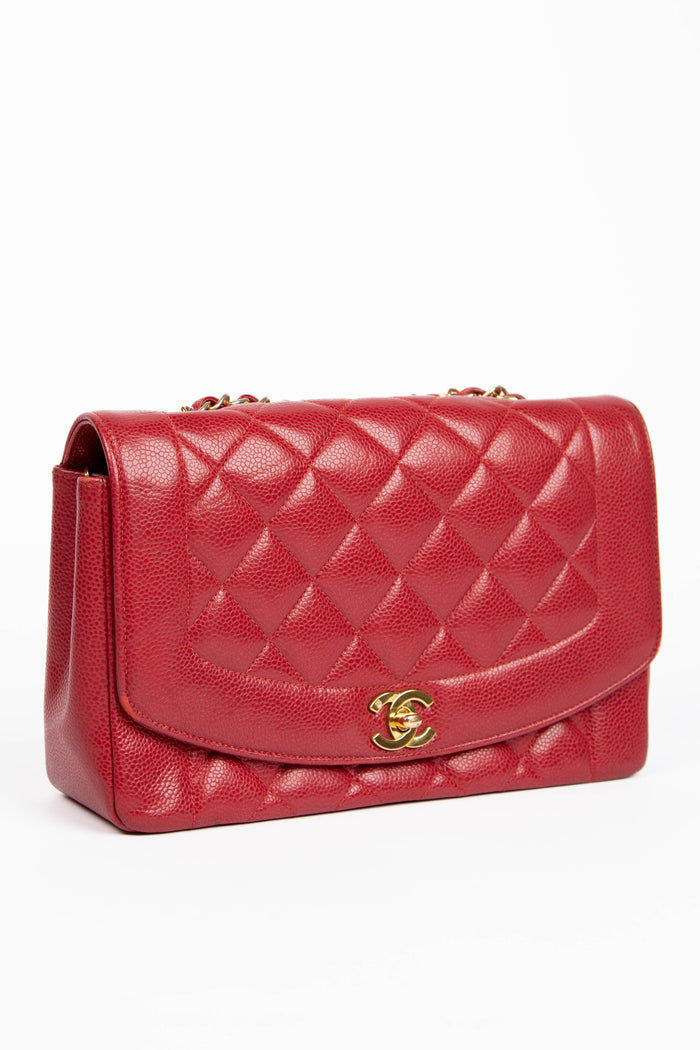 RARE 90s Chanel Red Caviar Medium Diana Shoulder Bag