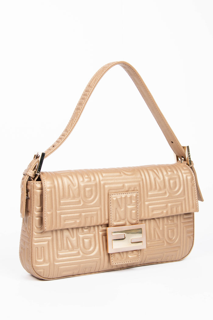 RARE Fendi Champagne Nappa Leather Embossed Baguette Shoulder Bag