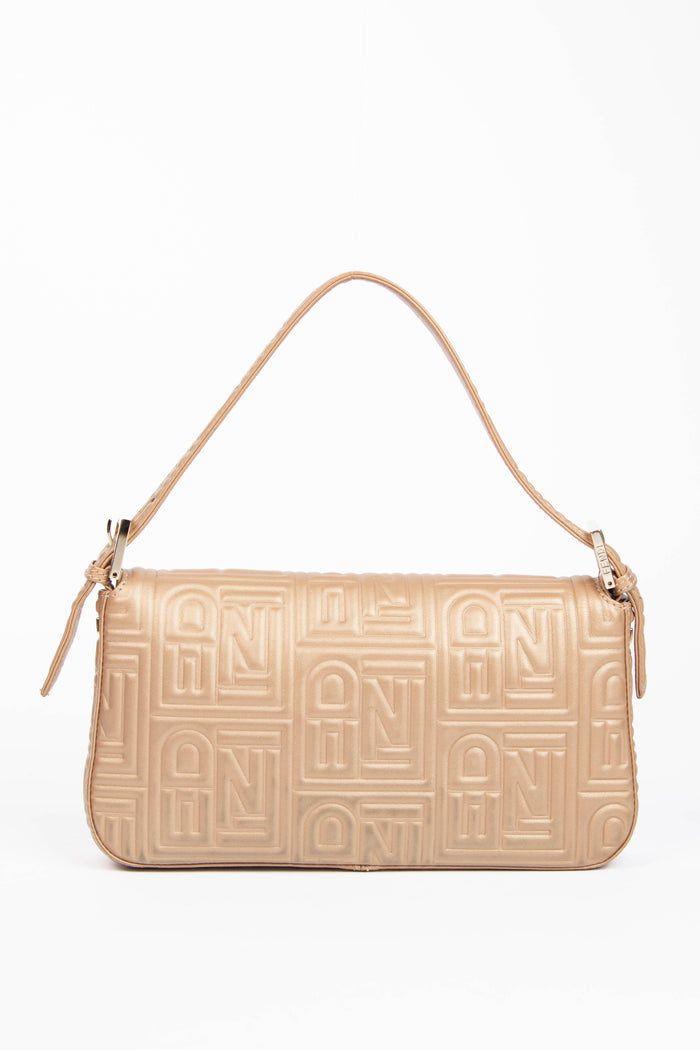 RARE Fendi Champagne Nappa Leather Embossed Baguette Shoulder Bag