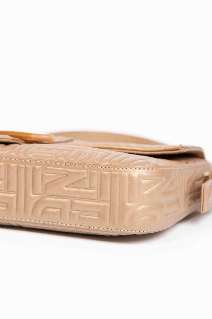 RARE Fendi Champagne Nappa Leather Embossed Baguette Shoulder Bag